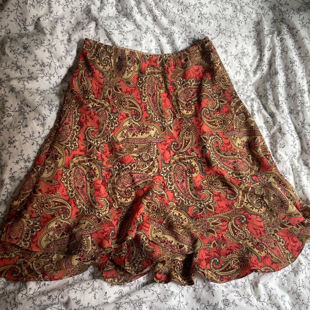 Pink and tan paisley midi skirt